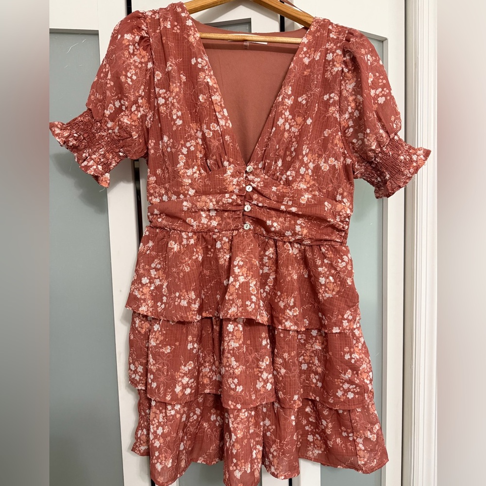 Altar'd State Rust Floral Tiered Mini Dress